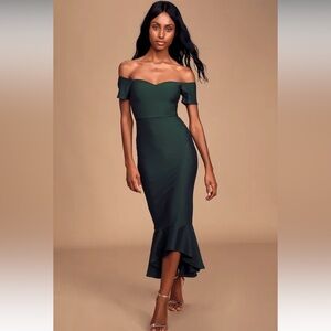 Lulu’s How Much I Care Dark Green Off-the-Shoulder Midi Dress Small Dark Green